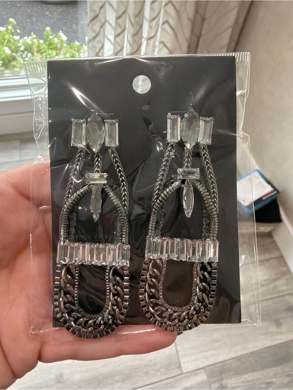 Gunmetal Drop Earrings with Clear Crystal Accents - Women Jewelry